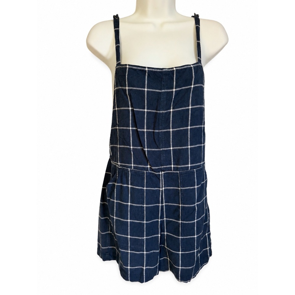RVCA Women Blue Windowpane Grid Romper Size S Adjustable Straps Cotton Viscose